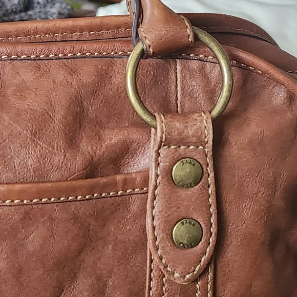 FRYE Melissa Dark Brown CognacDomed Leather Satchel Bag Double Rolled Handles - Picture 9 of 13